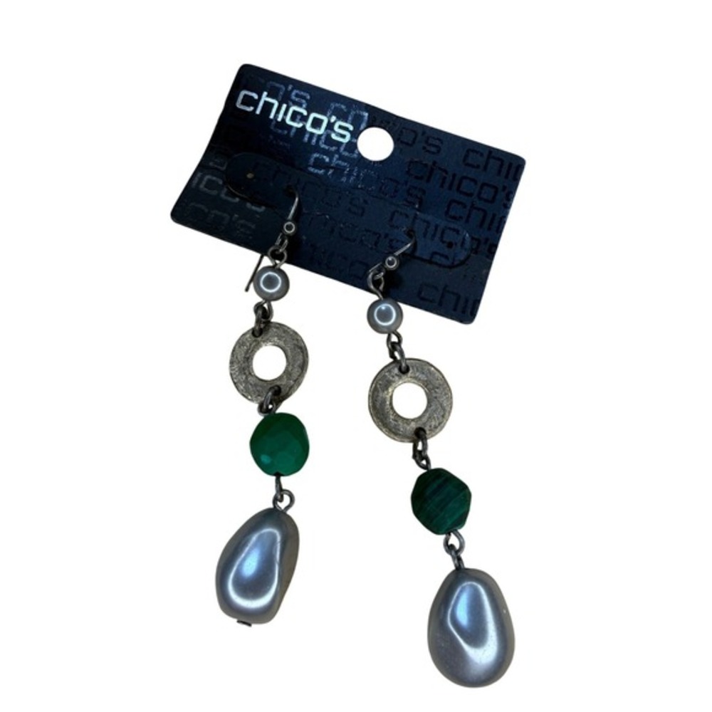Chico's Drop Earrings Green Grey Silver Gold‎ Mixed Metal Malachite Faux Pearl